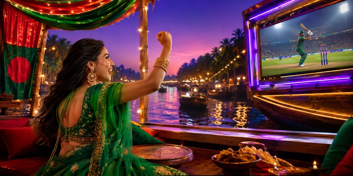 সুন্দরবন এলাকায় শাড়ি পরিহিতা মহিলার সাথে ক্রিকেট বেটিং দৃশ্য